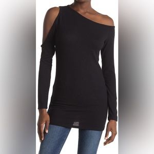 Black, long sleeve, shoulder cutout, knit top from Go Coture - Medium